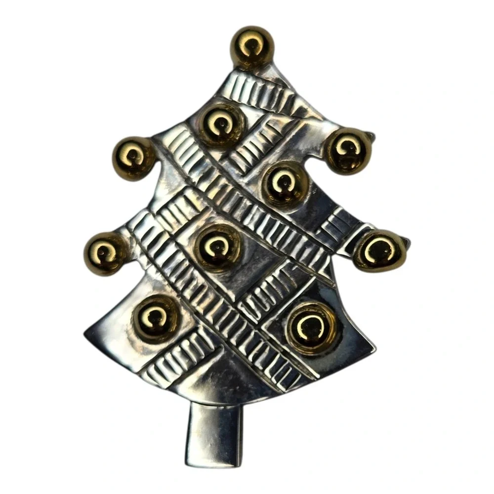VIntage Christmas Tree Brooch 925 Sterling Silver Gold Tone Pin